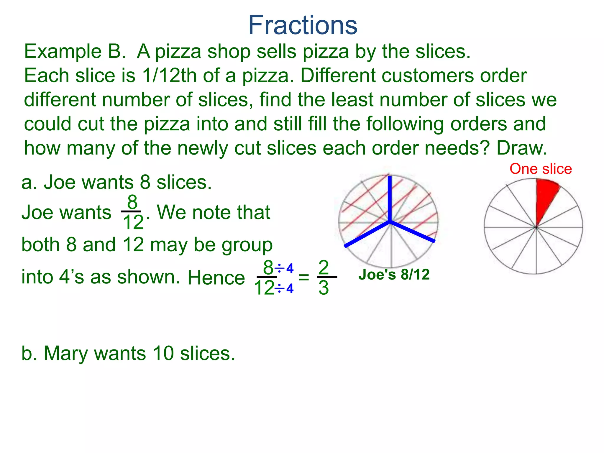 Fractions
Example A. Reduce the fraction.
78
54
= 78/2
54/2
To reduce a fraction, we keep divide the top and bottom by
common numbers until no more division is possible.
What's left is the reduced version.
39
27
b.
9
15
= 9/3
15/3
3
5=a.
Factor Cancellation Rule
For any fraction , where c ≠ 0,
that is, if the numerator and denominator are divided by the
same quantity c, the result will be an equivalent fraction.
x
y
x
y =
x / c
y / c
 