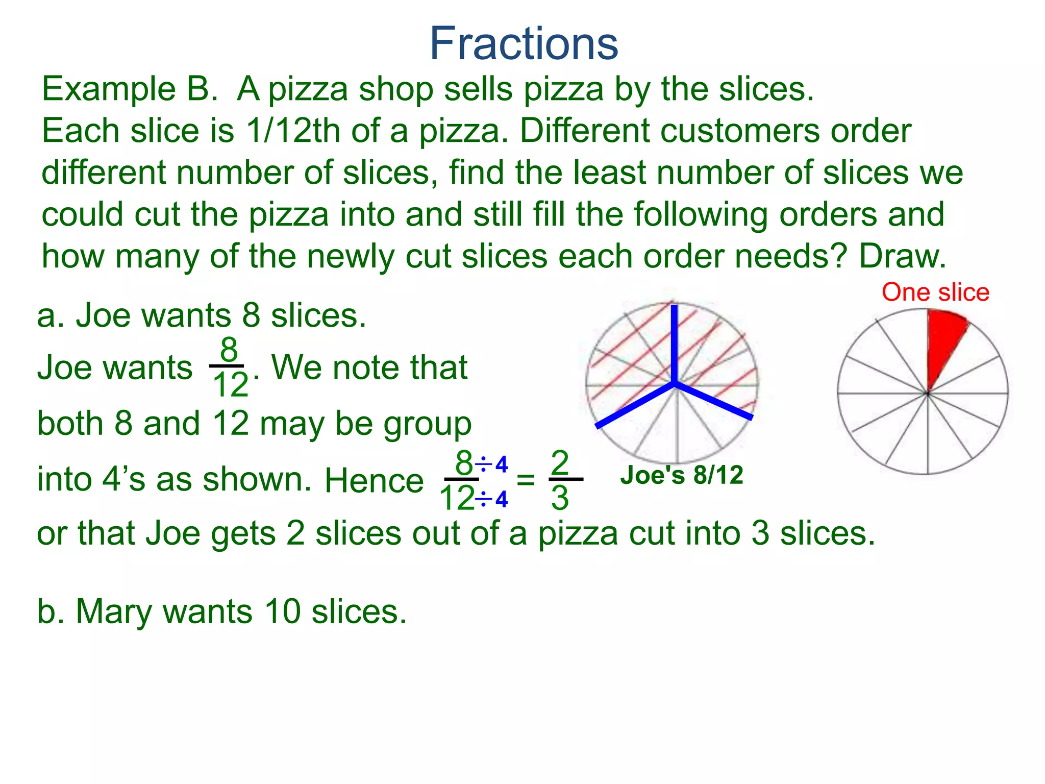 Fractions
Example A. Reduce the fraction.
78
54
= 78/2
54/2
= 13
9
To reduce a fraction, we keep divide the top and bottom by
common numbers until no more division is possible.
What's left is the reduced version.
=
39/3
27/3
39
27
b.
9
15
= 9/3
15/3
3
5=a.
Factor Cancellation Rule
For any fraction , where c ≠ 0,
that is, if the numerator and denominator are divided by the
same quantity c, the result will be an equivalent fraction.
x
y
x
y =
x / c
y / c
 