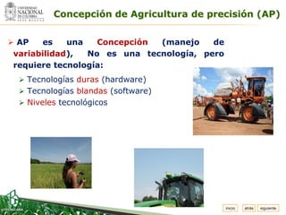 Espacio
 para
colocar
el Logo
          Concepción de Agricultura de precisión (AP)


 AP   es    una   Concepción (manejo    de
 variabilidad),  No es una tecnología, pero
 requiere tecnología:
   Tecnologías duras (hardware)
   Tecnologías blandas (software)
   Niveles tecnológicos




                                              inicio   atrás   siguiente
 