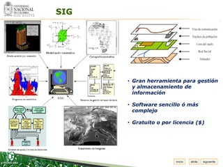 Espacio
 para
colocar
el Logo
          SIG




                • Gran herramienta para gestión
                  y almacenamiento de
                  información

                • Software sencillo ó más
                  complejo

                • Gratuito o por licencia ($)




                                  inicio   atrás   siguiente
 