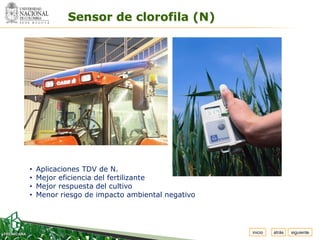 Espacio
 para
colocar
el Logo
                  Sensor de clorofila (N)




      •   Aplicaciones TDV de N.
      •   Mejor eficiencia del fertilizante
      •   Mejor respuesta del cultivo
      •   Menor riesgo de impacto ambiental negativo




                                                       inicio   atrás   siguiente
 