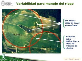 Espacio
 para
colocar
el Logo
            Variabilidad para manejo del riego




                                        No aplicar
                                        riego en áreas
                                        no cultivadas



          Pivote 1
                                          No hacer
                                          doble
                                          aplicación en
                                          áreas de
                                          traslape de
                           Pivote 2       pivotes




                                        inicio   atrás   siguiente
 