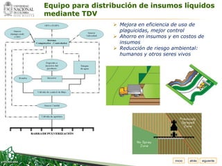 Espacio
 para     Equipo para distribución de insumos líquidos
colocar
el Logo   mediante TDV
                            Mejora en eficiencia de uso de
                             plaguicidas, mejor control
                            Ahorro en insumos y en costos de
                             insumos
                            Reducción de riesgo ambiental:
                             humanos y otros seres vivos




                                                  inicio   atrás   siguiente
 