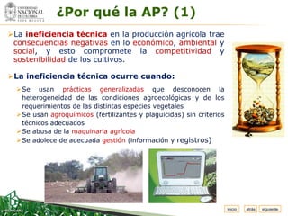 Espacio
  para
 colocar
 el Logo
              ¿Por qué la AP? (1)
La ineficiencia técnica en la producción agrícola trae
 consecuencias negativas en lo económico, ambiental y
 social, y esto compromete la competitividad y
 sostenibilidad de los cultivos.

La ineficiencia técnica ocurre cuando:
  Se usan prácticas generalizadas que desconocen la
   heterogeneidad de las condiciones agroecológicas y de los
   requerimientos de las distintas especies vegetales
  Se usan agroquímicos (fertilizantes y plaguicidas) sin criterios
   técnicos adecuados
  Se abusa de la maquinaria agrícola
  Se adolece de adecuada gestión (información y registros)




                                                                      inicio   atrás   siguiente
 