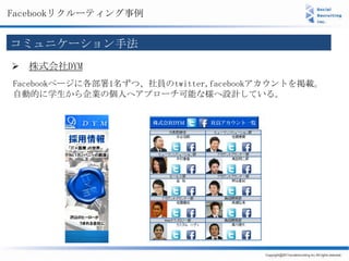 Facebookリクルーティング事例


コミュニケーション手法
 株式会社DYM
Facebookページに各部署1名ずつ、社員のtwitter,facebookアカウントを掲載。
自動的に学生から企業の個人へアプローチ可能な様へ設計している。
 