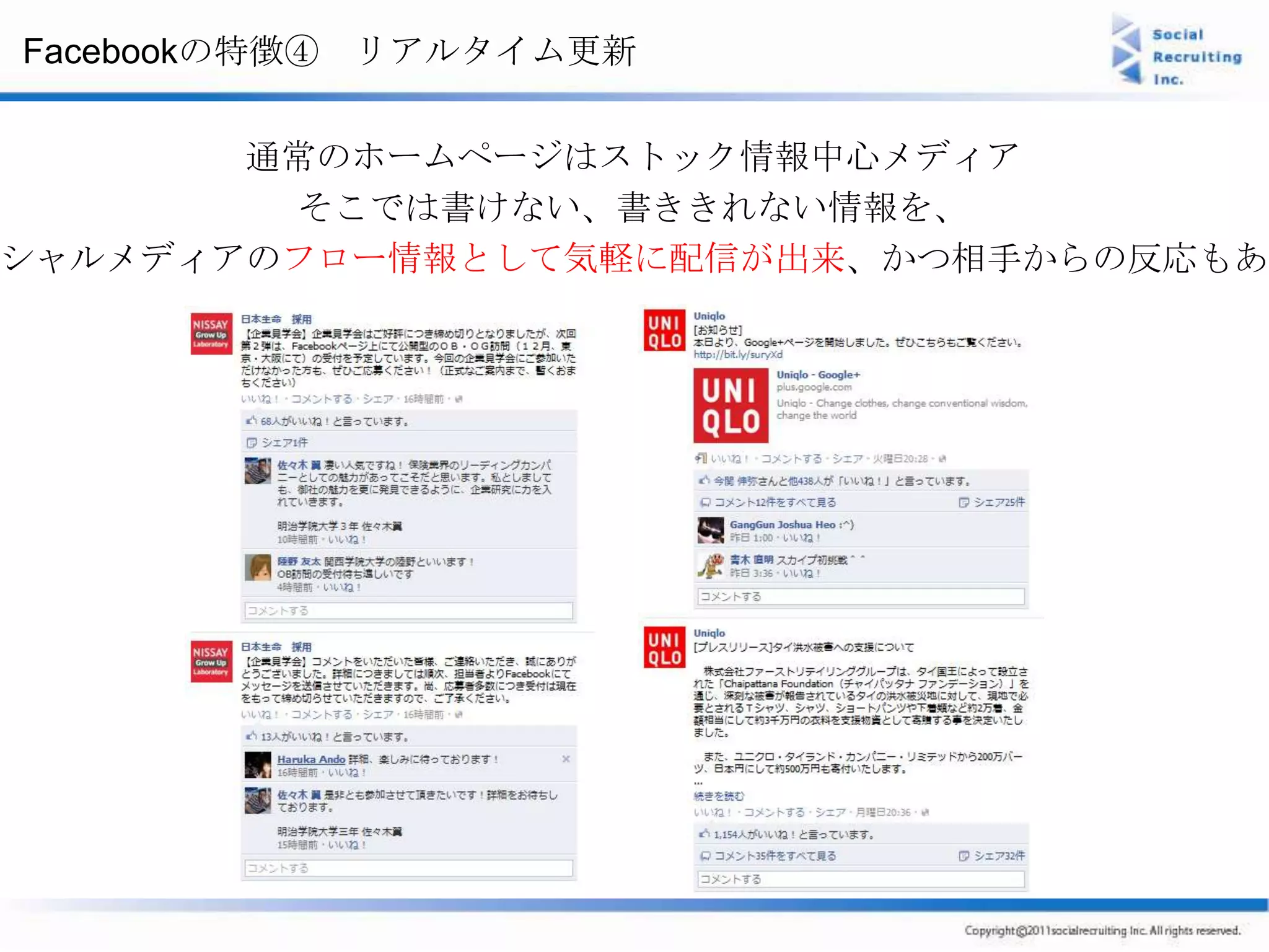 Facebookの特徴④ リアルタイム更新

       通常のホームページはストック情報中心メディア
        そこでは書けない、書ききれない情報を、
シャルメディアのフロー情報として気軽に配信が出来、かつ相手からの反応もある
 