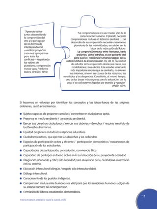 “Aprender a vivir
                                                       “La comprensión es a la vez medio y fin de la
   juntos desarrollando
                                                         comunicación humana. El planeta necesita
   la comprensión del
                                               comprensiones mutuas en todos los sentidos […] el
   otro y la percepción
                                                desarrollo de la comprensión necesita una reforma
   de las formas de
                                                   planetaria de las mentalidades; esa debe ser la
   interdependencia
                                                                   labor de la educación del futuro.
   —realizar proyectos
                                                      La comprensión mutua entre humanos, tanto
   comunes y prepararse
                                                     próximos como extraños, es en adelante vital
   para tratar los
                                                   para que las relaciones humanas salgan de su
   conflictos— respetando
                                           estado bárbaro de incomprensión. De allí, la necesidad
   los valores de
                                                de estudiar la incomprensión desde sus raíces, sus
   pluralismo, comprensión
                                                modalidades y sus efectos. Este estudio sería tanto
   mutua y paz.” (Informe
                                               más importante cuanto que se centraría, no solo en
   Delors, UNESCO 1996)
                                              los síntomas, sino en las causas de los racismos, las
                                         xenofobias y los desprecios. Constituiría, al mismo tiempo,
                                           una de las bases más seguras para la educación por la
                                            paz, a la cual estamos ligados por esencia y vocación”
                                                                                         (Morín 1999).




Si hacemos un esfuerzo por identificar los conceptos y las ideas-fuerza de las páginas
anteriores, quizá encontremos:

l	 Sujetos capaces de proponer cambios / convertirse en ciudadanos aptos.
l	 Preservar el medio ambiente / conciencia ambiental.
l	 Ejercer sus derechos ciudadanos / ejercer sus deberes y derechos / respeto irrestricto de
   los Derechos Humanos.
l	 Equidad de género en todos los espacios educativos.
l	 Ciudadanos activos, que ejerzan sus derechos y los defiendan.
l	 Espacios de participación activa y eficiente /  participación democrática / mecanismos de
   participación de los estudiantes.
l	 Capacidades de participación, concertación, convivencia ética.
l	 Capacidad de participar en forma activa en la construcción de su proyecto de sociedad.
l	 Integración adecuada y crítica a la sociedad para el ejercicio de su ciudadanía en armonía
   con su entorno.
l	 Educación intercultural bilingüe / respeto a la interculturalidad.
l	 Diálogo intercultural.
l	 Conocimiento de los pueblos indígenas.
l	 Comprensión mutua entre humanos es vital para que las relaciones humanas salgan de
   su estado bárbaro de incomprensión.
l	 Formación de líderes estudiantiles democráticos.
                                                                                                         11
TODOS PODEMOS APRENDER, NADIE SE QUEDA ATRÁS
 