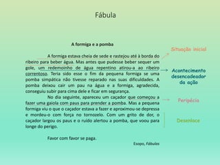 Fábula
A formiga e a pomba
A formiga estava cheia de sede e rastejou até à borda do
ribeiro para beber água. Mas antes que pudesse beber sequer um
gole, um redemoinho de água repentino atirou-a ao ribeiro
correntoso. Teria sido esse o fim da pequena formiga se uma
pomba simpática não tivesse reparado nas suas dificuldades. A
pomba deixou cair um pau na água e a formiga, agradecida,
conseguiu subir para cima dele e ficar em segurança.
No dia seguinte, apareceu um caçador que começou a
fazer uma gaiola com paus para prender a pomba. Mas a pequena
formiga viu o que o caçador estava a fazer e aproximou-se depressa
e mordeu-o com força no tornozelo. Com um grito de dor, o
caçador largou os paus e o ruído alertou a pomba, que voou para
longe do perigo.
Favor com favor se paga.
Esopo, Fábulas
Situação inicial
Acontecimento
desencadeador
da ação
Peripécia
Desenlace
 