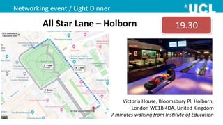 Networking event / Light Dinner
Long
term
Short
term
Victoria House, Bloomsbury Pl, Holborn,
London WC1B 4DA, United Kingdom
7 minutes walking from Institute of Education
19.30All Star Lane – Holborn
 