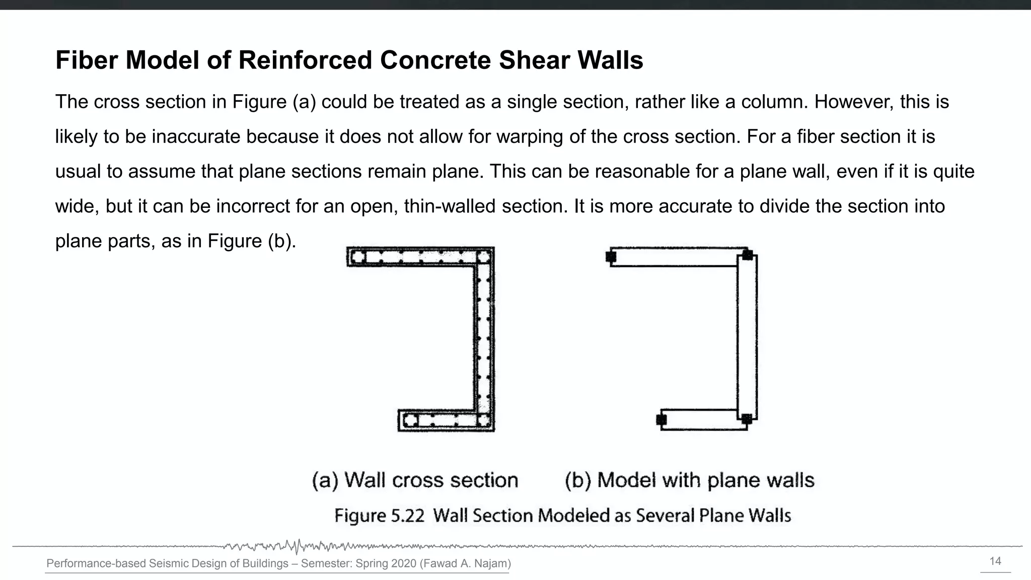 14
Performance-based Seismic Design of Buildings – Semester: Spring 2020 (Fawad A. Najam)
Fiber Model of Reinforced Concrete Shear Walls
The cross section in Figure (a) could be treated as a single section, rather like a column. However, this is
likely to be inaccurate because it does not allow for warping of the cross section. For a fiber section it is
usual to assume that plane sections remain plane. This can be reasonable for a plane wall, even if it is quite
wide, but it can be incorrect for an open, thin-walled section. It is more accurate to divide the section into
plane parts, as in Figure (b).
 