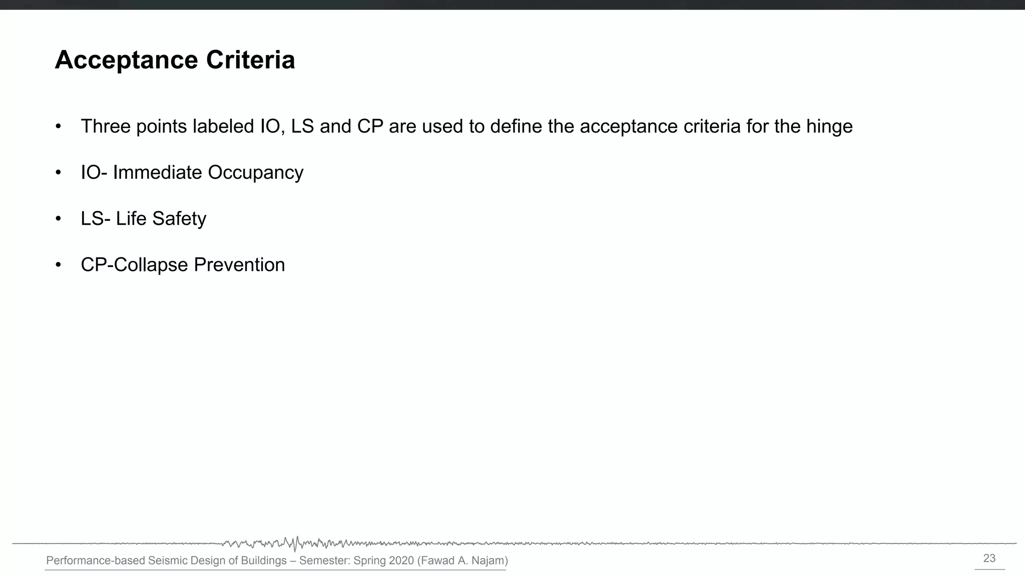 23
Performance-based Seismic Design of Buildings – Semester: Spring 2020 (Fawad A. Najam)
Acceptance Criteria
• Three points labeled IO, LS and CP are used to define the acceptance criteria for the hinge
• IO- Immediate Occupancy
• LS- Life Safety
• CP-Collapse Prevention
 