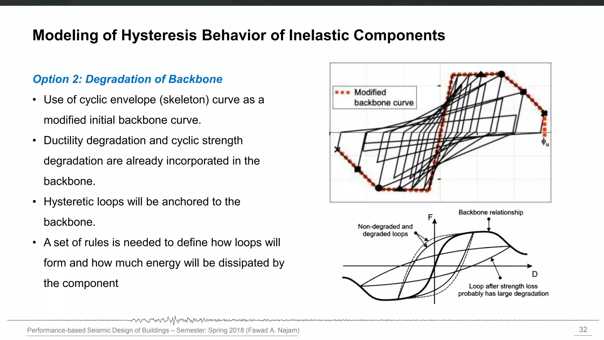 32
Performance-based Seismic Design of Buildings – Semester: Spring 2018 (Fawad A. Najam)
Option 2: Degradation of Backbone
• Use of cyclic envelope (skeleton) curve as a
modified initial backbone curve.
• Ductility degradation and cyclic strength
degradation are already incorporated in the
backbone.
• Hysteretic loops will be anchored to the
backbone.
• A set of rules is needed to define how loops will
form and how much energy will be dissipated by
the component
Modeling of Hysteresis Behavior of Inelastic Components
 