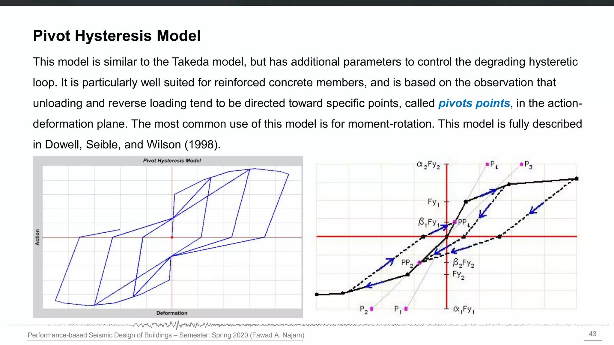 43
Performance-based Seismic Design of Buildings – Semester: Spring 2020 (Fawad A. Najam)
Pivot Hysteresis Model
This model is similar to the Takeda model, but has additional parameters to control the degrading hysteretic
loop. It is particularly well suited for reinforced concrete members, and is based on the observation that
unloading and reverse loading tend to be directed toward specific points, called pivots points, in the action-
deformation plane. The most common use of this model is for moment-rotation. This model is fully described
in Dowell, Seible, and Wilson (1998).
 