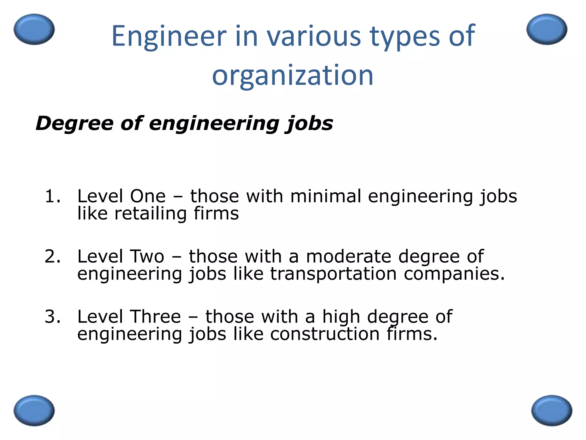 Engineer in various types of
organization
1. Level One – those with minimal engineering jobs
like retailing firms
2. Level Two – those with a moderate degree of
engineering jobs like transportation companies.
3. Level Three – those with a high degree of
engineering jobs like construction firms.
Degree of engineering jobs
 