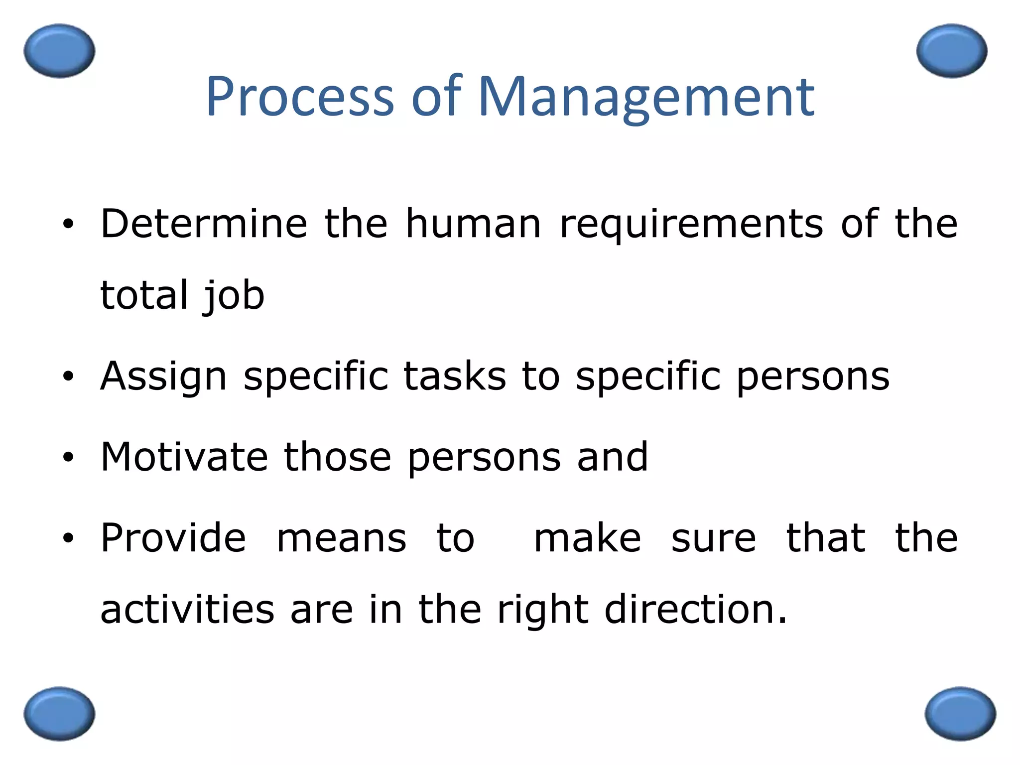 Process of Management
• Determine the human requirements of the
total job
• Assign specific tasks to specific persons
• Motivate those persons and
• Provide means to make sure that the
activities are in the right direction.
 