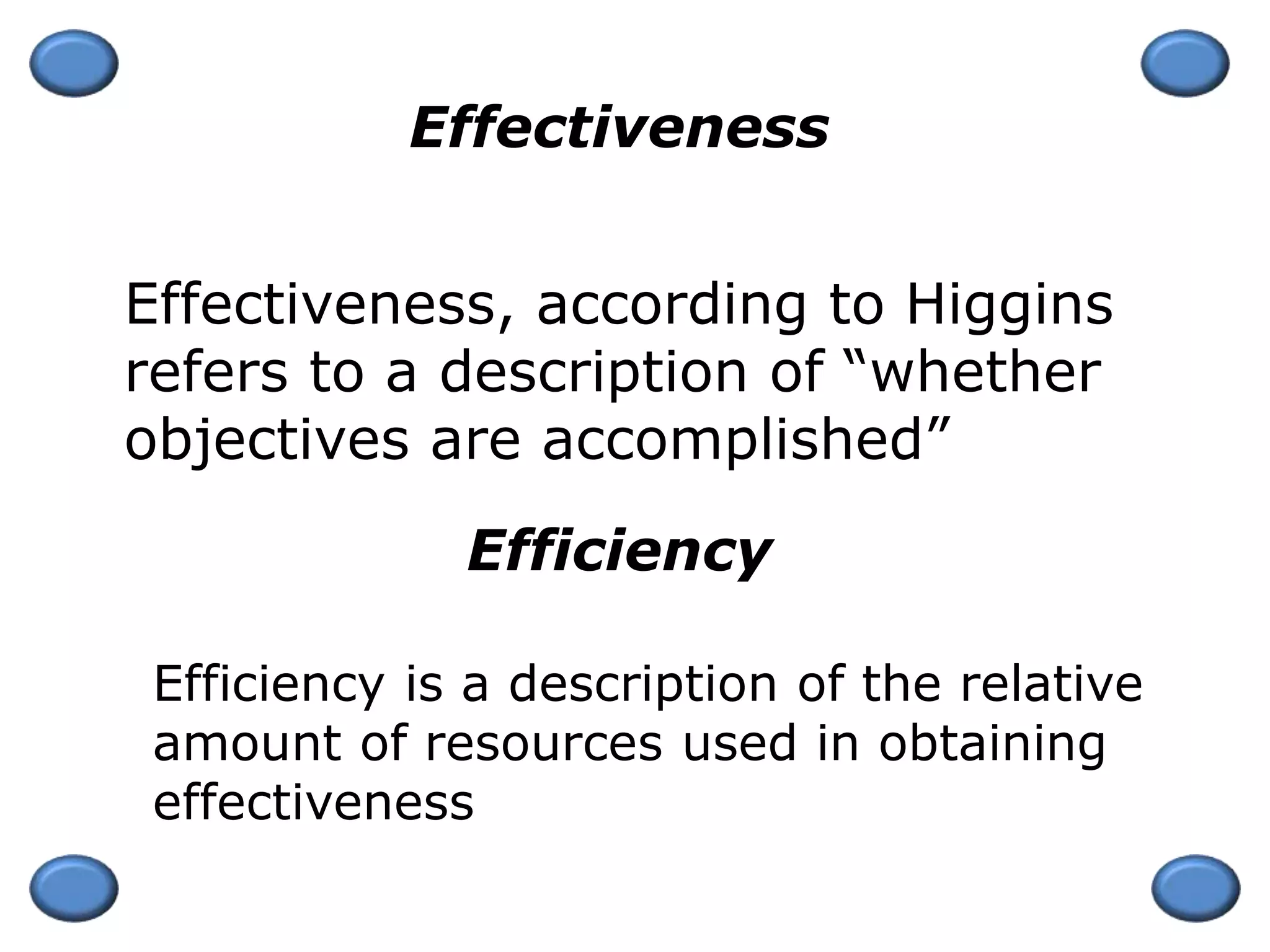 Effectiveness, according to Higgins
refers to a description of “whether
objectives are accomplished”
Effectiveness
Efficiency is a description of the relative
amount of resources used in obtaining
effectiveness
Efficiency
 