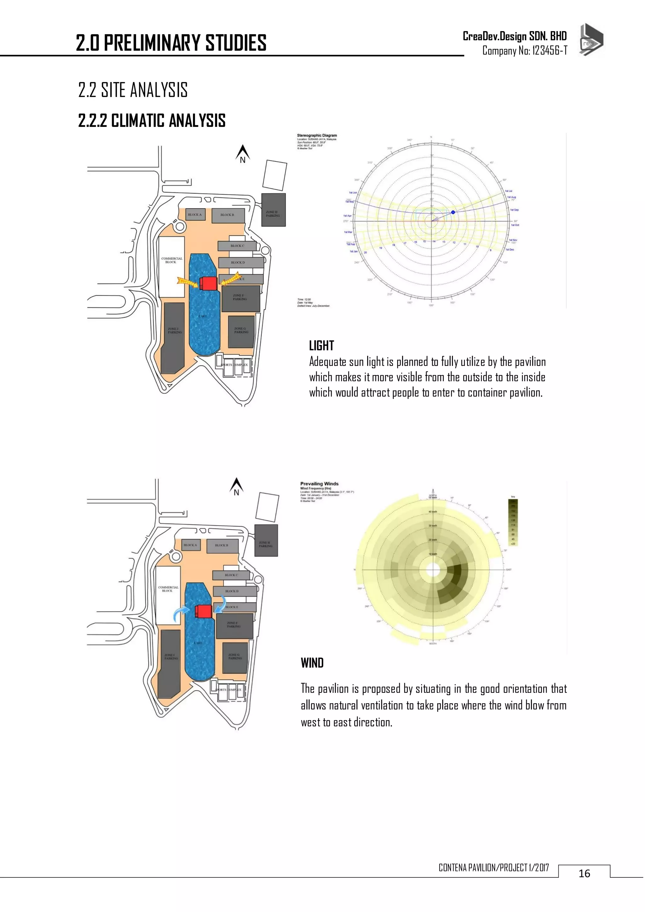 CreaDev.Design SDN. BHD
Company No: 123456-T
16CONTENA PAVILION/PROJECT 1/2017
2.2 SITE ANALYSIS
2.2.2 CLIMATIC ANALYSIS
LIGHT
Adequate sun light is planned to fully utilize by the pavilion
which makes itmore visible from the outside to the inside
which would attract people to enter to container pavilion.
WIND
The pavilion is proposed by situating in the good orientation that
allows natural ventilation to take place where the wind blow from
west to east direction.
2.0 PRELIMINARY STUDIES
 