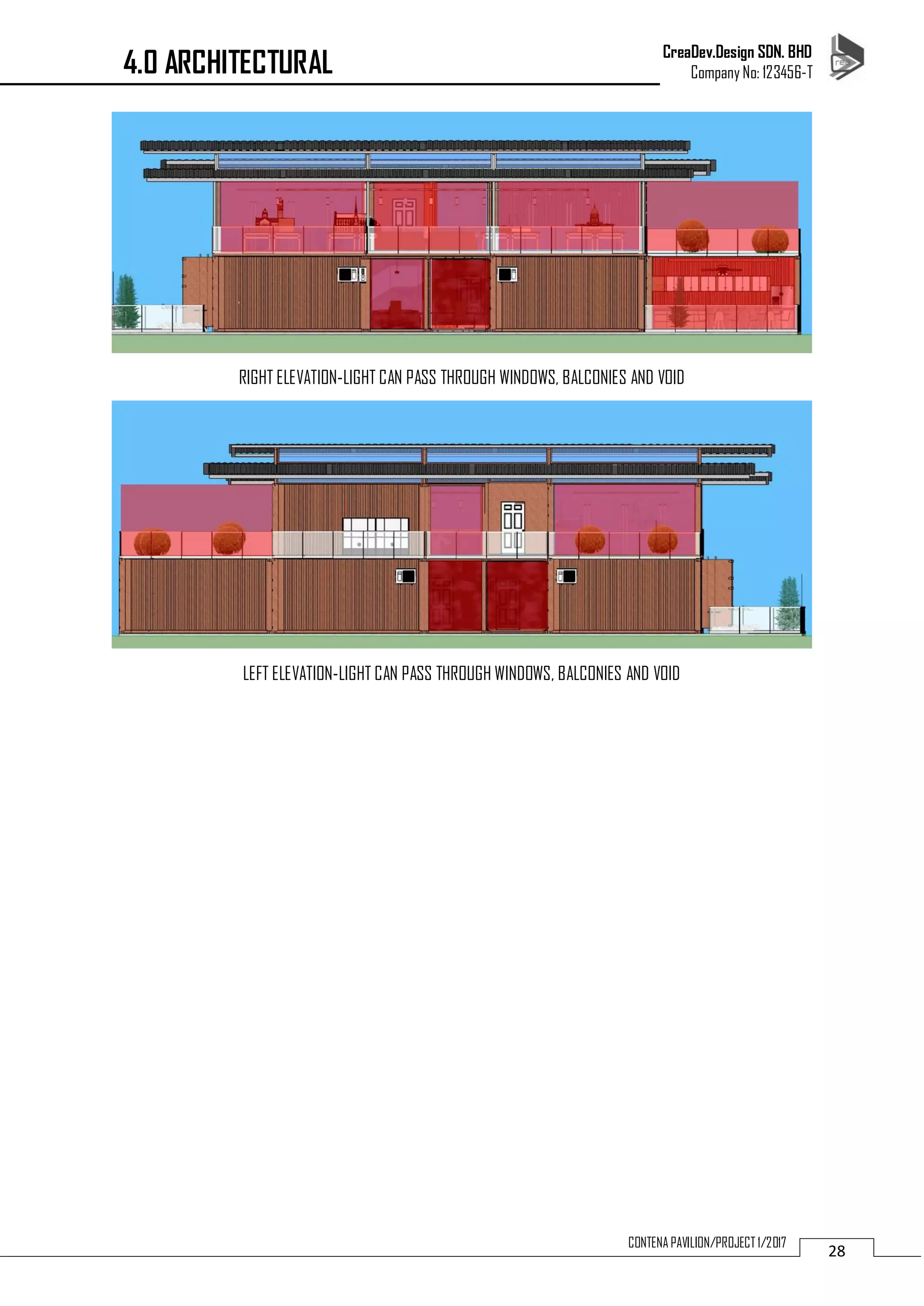 CreaDev.Design SDN. BHD
Company No: 123456-T
28
CONTENA PAVILION/PROJECT 1/2017
RIGHT ELEVATION-LIGHT CAN PASS THROUGH WINDOWS, BALCONIES AND VOID
LEFT ELEVATION-LIGHT CAN PASS THROUGH WINDOWS, BALCONIES AND VOID
4.0 ARCHITECTURAL
 