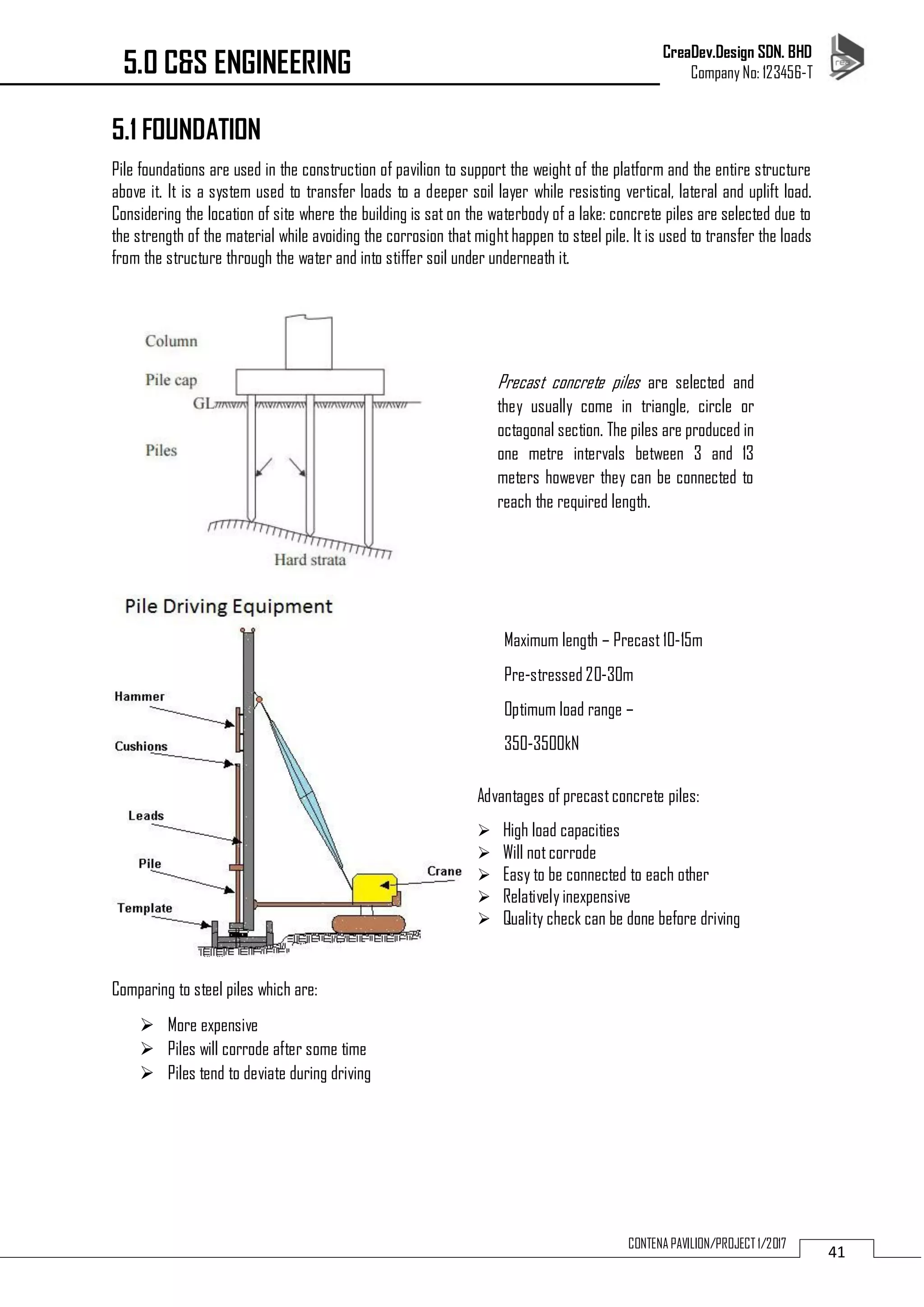 CreaDev.Design SDN. BHD
Company No: 123456-T
41
CONTENA PAVILION/PROJECT 1/2017
5.1 FOUNDATION
Pile foundations are used in the construction of pavilion to support the weight of the platform and the entire structure
above it. It is a system used to transfer loads to a deeper soil layer while resisting vertical, lateral and uplift load.
Considering the location of site where the building is sat on the waterbody of a lake: concrete piles are selected due to
the strength of the material while avoiding the corrosion that mighthappen to steel pile. It is used to transfer the loads
from the structure through the water and into stiffer soil under underneath it.
Advantages of precastconcrete piles:
 High load capacities
 Will notcorrode
 Easy to be connected to each other
 Relatively inexpensive
 Quality check can be done before driving
Comparing to steel piles which are:
 More expensive
 Piles will corrode after some time
 Piles tend to deviate during driving
Precast concrete piles are selected and
they usually come in triangle, circle or
octagonal section. The piles are produced in
one metre intervals between 3 and 13
meters however they can be connected to
reach the required length.
Maximum length – Precast 10-15m
Pre-stressed 20-30m
Optimum load range –
350-3500kN
5.0 C&S ENGINEERING
 