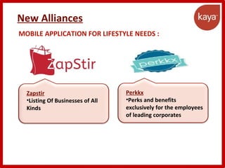 MOBILE APPLICATION FOR LIFESTYLE NEEDS :
Perkkx
•Perks and benefits
exclusively for the employees
of leading corporates
Zapstir
•Listing Of Businesses of All
Kinds
New Alliances
 