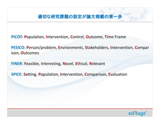 適切な研究課題の設定が論文掲載の第一歩



PICOT: Population, Intervention, Control, Outcome, Time Frame

PESICO: Person/problem, Environments, Stakeholders, Intervention, Compar
ison, Outcomes

FINER: Feasible, Interesting, Novel, Ethical, Relevant

SPICE: Setting, Population, Intervention, Comparison, Evaluation
 