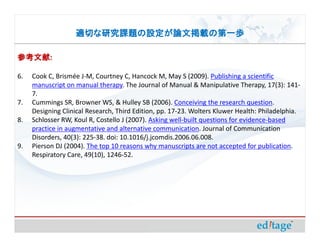適切な研究課題の設定が論文掲載の第一歩

参考文献:
参考文献

6.   Cook C, Brismée J-M, Courtney C, Hancock M, May S (2009). Publishing a scientific
     manuscript on manual therapy. The Journal of Manual & Manipulative Therapy, 17(3): 141-
     7.
7.   Cummings SR, Browner WS, & Hulley SB (2006). Conceiving the research question.
     Designing Clinical Research, Third Edition, pp. 17-23. Wolters Kluwer Health: Philadelphia.
8.   Schlosser RW, Koul R, Costello J (2007). Asking well-built questions for evidence-based
     practice in augmentative and alternative communication. Journal of Communication
     Disorders, 40(3): 225-38. doi: 10.1016/j.jcomdis.2006.06.008.
9.   Pierson DJ (2004). The top 10 reasons why manuscripts are not accepted for publication.
     Respiratory Care, 49(10), 1246-52.
 
