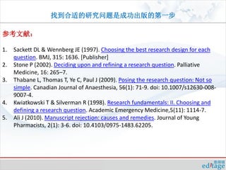 找到合适的研究问题是成功出版的第一步

参考文献：

1.   Sackett DL & Wennberg JE (1997). Choosing the best research design for each
     question. BMJ, 315: 1636. [Publisher]
2.   Stone P (2002). Deciding upon and refining a research question. Palliative
     Medicine, 16: 265–7.
3.   Thabane L, Thomas T, Ye C, Paul J (2009). Posing the research question: Not so
     simple. Canadian Journal of Anaesthesia, 56(1): 71-9. doi: 10.1007/s12630-008-
     9007-4.
4.   Kwiatkowski T & Silverman R (1998). Research fundamentals: II. Choosing and
     defining a research question. Academic Emergency Medicine,5(11): 1114-7.
5.   Ali J (2010). Manuscript rejection: causes and remedies. Journal of Young
     Pharmacists, 2(1): 3-6. doi: 10.4103/0975-1483.62205.
 