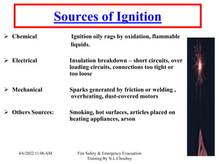 4/6/2022 11:06 AM Fire Safety & Emergency Evacuation
Training By N.L.Choubey
26
Sources of Ignition
 Chemical Ignition oily rags by oxidation, flammable
liquids.
 Electrical Insulation breakdown – short circuits, over
loading circuits, connections too tight or
too loose
 Mechanical Sparks generated by friction or welding ,
overheating, dust-covered motors
 Others Sources: Smoking, hot surfaces, articles placed on
heating appliances, arson
 