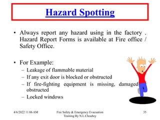 4/6/2022 11:06 AM Fire Safety & Emergency Evacuation
Training By N.L.Choubey
35
Hazard Spotting
• Always report any hazard using in the factory .
Hazard Report Forms is available at Fire office /
Safety Office.
• For Example:
– Leakage of flammable material
– If any exit door is blocked or obstructed
– If fire-fighting equipment is missing, damaged or
obstructed
– Locked windows
 