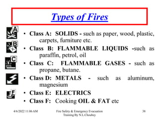 4/6/2022 11:06 AM Fire Safety & Emergency Evacuation
Training By N.L.Choubey
38
Types of Fires
• Class A: SOLIDS - such as paper, wood, plastic,
carpets, furniture etc.
• Class B: FLAMMABLE LIQUIDS -such as
paraffin, petrol, oil
• Class C: FLAMMABLE GASES - such as
propane, butane.
• Class D: METALS - such as aluminum,
magnesium
• Class E: ELECTRICS
• Class F: Cooking OIL & FAT etc
 