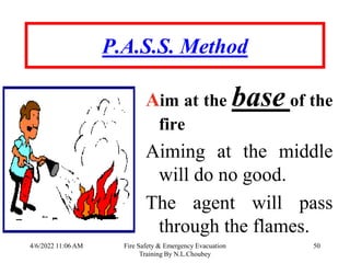 4/6/2022 11:06 AM Fire Safety & Emergency Evacuation
Training By N.L.Choubey
50
P.A.S.S. Method
Aim at the base of the
fire
Aiming at the middle
will do no good.
The agent will pass
through the flames.
 