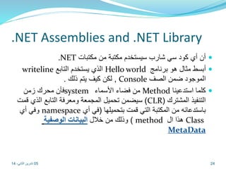 .NET Assemblies and .NET Library 
.NET أن أي كود سي شارب سيستخدم مكتبة من مكتبات  
writeline الذي يستخدم التابع Hello world أبسط مثال هو برنامج  
لكن كيف يتم ذلك . , Console الموجود ضمن الصف 
فأن محرك زمن system من فضاء الأسماء Method كلما استدعينا  
سيضمن تحميل المجمعة ومعرفة التابع الذي قمت )CLR( التنفيذ المشترك 
وفي أي namespace باستدعائه من المكتبة التي قمت بتحميلها )في أي 
وذلك من خلل البيانات الوصفية ) method هذا ال Class 
MetaData 
05 24 تشرين الثاني، 14 
 