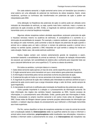 Fisiologia Humana e Animal Comparada
15
Em cada sistema sensorial, o órgão sensorial serve como um transdutor que converte o
sinal externo em uma alteração do potencial de membrana da célula receptora. Assim, sinais
mecânicos, químicos ou luminosos são transformados em potenciais de ação e podem ser
interpretados pelo SNC.
Uma alteração na freqüência dos potencias de ação no axônio pode ser utilizada como
indicador de intensidade do estímulo, ou seja, quanto mais forte o estímulo, maior o numero de
potenciais de ação enviados ao SNC. Então, a magnitude do estimulo sensorial é codificada e
transmitida como um sinal de freqüência modulada.
Algumas células receptoras exibem atividade espontânea: produzem potenciais de ação
e impulsos nervosos mesmo na ausência de estímulos. A conseqüência é o aumento ou a
diminuição da sensibilidade do receptor. Por exemplo, o sistema vestibular, que sinaliza a posição
da cabeça em cada momento, pode aumentar a taxa de disparo de potencias de ação quando o
animal vira a cabeça para um lado e diminuir o número de potencias quando o animal vira a
cabeça no sentido oposto, podendo o SNC interpretar em qual sentido a cabeça foi virada em
cada situação. Neste caso, não existe estímulo subliminar.
Outros órgãos contam com número extremamente grande de receptores e assim,
aumentam bastante a sensibilidade do animal ao estimulo. O receptor de radiação infravermelho
da cascavel, por exemplo, tem sensibilidade do sistema alta o suficiente para responder toda vez
que a cascavel defronta-se com uma superfície 0,1°C acima ou abaixo da anterior.
Em todos os sentidos, o princípio básico é o mesmo:
1. Cada célula sensorial capta apenas um tipo de sinal, sendo específica para ele (Figura 6),
2. O órgão sensorial serve como transdutor em que o sinal externo gera potenciais receptores,
3. A informação é transmitida pelos nervos sensoriais na forma de potenciais de ação,
4. O potencial de ação em todos os nervos sensoriais é da mesma intensidade e magnitude,
5. A magnitude do potencial de ação não é afetada pela intensidade do estímulo (lembre-se que o
potencial de ação ocorre assim que a carga intracelular atinge o valor de limiar, sendo sempre de
igual magnitude),
6. A intensidade do estímulo é codificada pela modulação da freqüência dos potenciais de ação.
Outra questão importante é a seleção e o processamento da informação sensorial. Se
toda informação dos órgãos dos sentidos fossem repassadas ao SNC, haveria excesso de
informações, e o processamento seria dificultado. Então, grande parte das informações é triada,
filtrada e processada no próprio neurônio sensorial e em outros níveis antes de chegarem ao
SNC. Essas redes de filtragem deixam passar somente porções selecionadas da informação que
recebem, e realizam algumas etapas do processamento que melhoram a informação transmitida
aos níveis superiores.
Por fim, vamos classificar os tipos de receptores existentes no corpo do animal de acordo
com a localização (tabela 3). Exteroceptores estão na superfície externa do corpo e informam o
animal sobre sinais ambientais, proprioceptores estão localizados nas articulações, músculos e
tendões e informam sobre o posicionamento do corpo, e os interoceptores são receptores nas
 