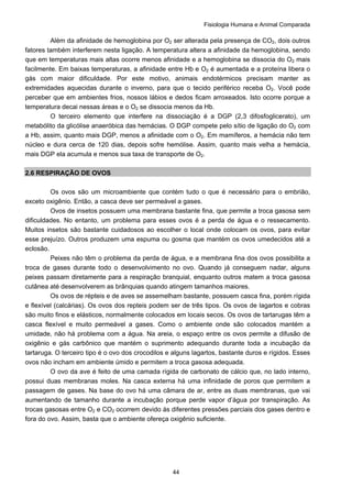 Fisiologia Humana e Animal Comparada
44
Além da afinidade de hemoglobina por O2 ser alterada pela presença de CO2, dois outros
fatores também interferem nesta ligação. A temperatura altera a afinidade da hemoglobina, sendo
que em temperaturas mais altas ocorre menos afinidade e a hemoglobina se dissocia do O2 mais
facilmente. Em baixas temperaturas, a afinidade entre Hb e O2 é aumentada e a proteína libera o
gás com maior dificuldade. Por este motivo, animais endotérmicos precisam manter as
extremidades aquecidas durante o inverno, para que o tecido periférico receba O2. Você pode
perceber que em ambientes frios, nossos lábios e dedos ficam arroxeados. Isto ocorre porque a
temperatura decai nessas áreas e o O2 se dissocia menos da Hb.
O terceiro elemento que interfere na dissociação é a DGP (2,3 difosfoglicerato), um
metabólito da glicólise anaeróbica das hemácias. O DGP compete pelo sítio de ligação do O2 com
a Hb, assim, quanto mais DGP, menos a afinidade com o O2. Em mamíferos, a hemácia não tem
núcleo e dura cerca de 120 dias, depois sofre hemólise. Assim, quanto mais velha a hemácia,
mais DGP ela acumula e menos sua taxa de transporte de O2.
2.6 RESPIRAÇÃO DE OVOS
Os ovos são um microambiente que contém tudo o que é necessário para o embrião,
exceto oxigênio. Então, a casca deve ser permeável a gases.
Ovos de insetos possuem uma membrana bastante fina, que permite a troca gasosa sem
dificuldades. No entanto, um problema para esses ovos é a perda de água e o ressecamento.
Muitos insetos são bastante cuidadosos ao escolher o local onde colocam os ovos, para evitar
esse prejuízo. Outros produzem uma espuma ou gosma que mantém os ovos umedecidos até a
eclosão.
Peixes não têm o problema da perda de água, e a membrana fina dos ovos possibilita a
troca de gases durante todo o desenvolvimento no ovo. Quando já conseguem nadar, alguns
peixes passam diretamente para a respiração branquial, enquanto outros matem a troca gasosa
cutânea até desenvolverem as brânquias quando atingem tamanhos maiores.
Os ovos de répteis e de aves se assemelham bastante, possuem casca fina, porém rígida
e flexível (calcárias). Os ovos dos repteis podem ser de três tipos. Os ovos de lagartos e cobras
são muito finos e elásticos, normalmente colocados em locais secos. Os ovos de tartarugas têm a
casca flexível e muito permeável a gases. Como o ambiente onde são colocados mantém a
umidade, não há problema com a água. Na areia, o espaço entre os ovos permite a difusão de
oxigênio e gás carbônico que mantém o suprimento adequando durante toda a incubação da
tartaruga. O terceiro tipo é o ovo dos crocodilos e alguns lagartos, bastante duros e rígidos. Esses
ovos não incham em ambiente úmido e permitem a troca gasosa adequada.
O ovo da ave é feito de uma camada rígida de carbonato de cálcio que, no lado interno,
possui duas membranas moles. Na casca externa há uma infinidade de poros que permitem a
passagem de gases. Na base do ovo há uma câmara de ar, entre as duas membranas, que vai
aumentando de tamanho durante a incubação porque perde vapor d’água por transpiração. As
trocas gasosas entre O2 e CO2 ocorrem devido às diferentes pressões parciais dos gases dentro e
fora do ovo. Assim, basta que o ambiente ofereça oxigênio suficiente.
 