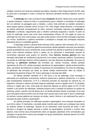 Fisiologia Humana e Animal Comparada
52
esôfago, ocorrerá uma onda de contração secundária. Quando o bolo chega próximo do EEI, este
se abre para a passagem e volta a contrair-se. Nenhuma atividade secretora digestiva corre no
esôfago.
O estômago tem como principal função armazenar alimento. Neste local ocorre também
a quebra mecânica, mistura do bolo e o esvaziamento para o intestino é controlado. O estômago
tem um esfíncter na passagem para o intestino, o piloro. Este esfíncter se mantém contraído e
deixa passar apenas conteúdo menor do que 2 mm. Para chegar nesse tamanho, a musculatura
da parede estomacal, principalmente do antro, promove contrações vigorosas que quebram e
misturam o conteúdo, esguichando para o intestino partículas pequenas e líquido. A parte do
fundo do estômago serve mais como área armazenadora (Figura 18). Na região do corpo do
estômago há uma zona marca passo, que gera ondas lentas e cerca de três contrações vigorosas
por minuto. Acetilcolina e gastrina aumentam a amplitude e duração das contrações enquanto
adrenalina diminui a motilidade gástrica.
O estomago produz e secreta ácido clorídrico (HCl), pepsina, fator intrínseco (FI), muco e
bicarbonato (HCO3
-
). Na superfície gástrica encontramos células epiteliais colunares que secretam
grande quantidade de muco e bicarbonato, esse conteúdo fica aderido à superfície do estomago e
serve como barreira protetora contra a acidez da luz estomacal e escoriações durante os
movimentos vigorosos para quebra do alimento. Essa barreira mucosa gástrica tem sua
secreção estimulada por acetilcolina (neurócrina) e por lesões mecânicas (reflexo). Encontramos
na parede do estômago diversos orifícios gástricos, que são aberturas de glândulas. No corpo do
estomago as glândulas oxínticas são formadas por: células mucosas, células parietais
(secretoras de HCl e FI), células principais (secretoras de pepsinogênio), células enterocromafins
(ECL; secretoras de histamina) e células D (secretoras de somatostatina). No antro do estômago,
as glândulas são formadas por todas as células citadas anteriormente, além de células G
(secretoras de gastrina) (Figura 18). Todo o estomago é inervado pelo SNA.
As células parietais secretam FI e HCl para a luz do estômago. Essa secreção é
estimulada por acetilcolina (neurócrina), histamina (parácrina) e gastrina (endócrina), e é inibida
pela somatostatina (endócrina). O FI é o elemento promotor da absorção de vitamina B12 no
organismo. Quando a vitamina da dieta chega ao estômago, ocorre a ligação com FI. O complexo
continua o trajeto até o íleo, onde pode ser absorvido (apenas se estiver ligado ao FI). O HCl
mantém o pH acídico do estômago, ambiente propicio para a atuação da pepsina na quebra de
proteínas, porém, quando o pH cai abaixo de 2, as células parietais cessam a secreção. É por isso
que muita gente costuma tomar suco de limão (sem açúcar) para curar azia! A azia é a destruição
da barreira mucosa gástrica por excesso de acidez, assim, diminuir o pH estomacal faz parar a
secreção de ácido e aliviar a queimação!!
As células principais do estômago secretam pepsinogênio, uma protease secretada na
sua forma inativa. É importante a secreção desta maneira para evitar que a protease atue sobre
as próprias células do estômago. Apenas na luz estomacal, onde encontra pH ácido, o HCl
favorece a clivagem da ligação sensível a acidez do pepsinogênio, formando a enzima ativa
pepsina. Esta enzima atua principalmente sobre as ligações peptídicas entre aminoácidos que
carregam um grupo fenil e outros que carregam um grupo dicarboxílico, fazendo apenas 10 a 20%
da hidrólise de proteínas.
 