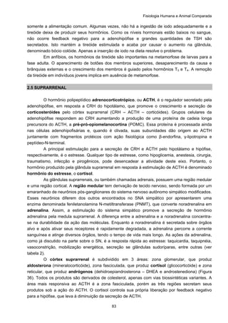 Fisiologia Humana e Animal Comparada
83
somente a alimentação comum. Algumas vezes, não há a ingestão de iodo adequadamente e a
tireóide deixa de produzir seus hormônios. Como os níveis hormonais estão baixos no sangue,
não ocorre feedback negativo para a adenohipófise e grandes quantidades de TSH são
secretados. Isto mantém a tireóide estimulada e acaba por causar o aumento na glândula,
denominado bócio colóide. Apenas a inserção de iodo na dieta resolve o problema.
Em anfíbios, os hormônios da tireóide são importantes na metamorfose de larvas para a
fase adulta. O aparecimento de botões dos membros superiores, desaparecimento da causa e
brânquias externas e o crescimento dos membros é guiado pelos hormônios T3 e T4. A remoção
da tireóide em indivíduos jovens implica em ausência de metamorfose.
2.5 SUPRARRENAL
O hormônio polipeptídico adrenocorticotrópico, ou ACTH, é o regulador secretado pela
adenohipófise, em resposta a CRH do hipotálamo, que promove o crescimento e secreção de
corticosteróides pelo córtex suprarrenal (CRH – ACTH – corticóides). Grupos celulares da
adenohipófise respondem ao CRH aumentando a produção de uma proteína de cadeia longa
precursora do ACTH, a pré-pró-opiomelanocortina (POMC). Essa proteína é processada ainda
nas células adenohipofisárias e, quando é clivada, suas subunidades dão origem ao ACTH
juntamente com fragmentos protéicos com ação fisiológica como β-endorfina, γ-lipotropina e
peptídeo-N-terminal.
A principal estimulação para a secreção de CRH e ACTH pelo hipotálamo e hipófise,
respectivamente, é o estresse. Qualquer tipo de estresse, como hipoglicemia, anestesia, cirurgia,
traumatismo, infecção e pirogênicos, pode desencadear a atividade deste eixo. Portanto, o
hormônio produzido pela glândula suprarrenal em resposta à estimulação de ACTH é denominado
hormônio do estresse, o cortisol.
As glândulas suprarrenais, ou também chamadas adrenais, possuem uma região medular
e uma região cortical. A região medular tem derivação de tecido nervoso, sendo formada por um
emaranhado de neurônios pós-ganglionares do sistema nervoso autônomo simpático modificados.
Esses neurônios diferem dos outros encontrados no SNA simpático por apresentarem uma
enzima denominada feniletanolamina N-metiltransferase (PNMT), que converte noradrenalina em
adrenalina. Assim, a estimulação do sistema simpático promove a secreção de hormônio
adrenalina pela medula suprarrenal. A diferença entre a adrenalina e a noradrenalina concentra-
se na durabilidade da ação das moléculas. Enquanto a noradrenalina é secretada sobre órgãos
alvo e após ativar seus receptores é rapidamente degradada, a adrenalina percorre a corrente
sanguínea e atinge diversos órgãos, tendo o tempo de vida mais longo. As ações da adrenalina,
como já discutido na parte sobre o SN, é a resposta rápida ao estresse: taquicardia, taquipnéia,
vasoconstrição, mobilização energética, secreção se glândulas sudoríparas, entre outras (ver
tabela 2).
O córtex suprarrenal é subdividido em 3 áreas: zona glomerular, que produz
aldosterona (mineralocorticóide), zona fasciculada, que produz cortisol (glicocorticóide) e zona
reticular, que produz andrógenos (dehidroepiandrosterona – DHEA e androstenediona) (Figura
36). Todos os produtos são derivados de colesterol, apenas com vias biossintéticas variantes. A
área mais responsiva ao ACTH é a zona fasciculada, porém as três regiões secretam seus
produtos sob a ação do ACTH. O cortisol controla sua própria liberação por feedback negativo
para a hipófise, que leva à diminuição da secreção de ACTH.
 