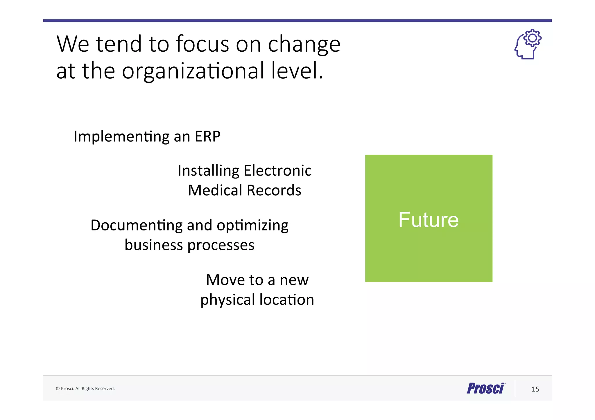 ©	Prosci.	All	Rights	Reserved.	 15	
Future
ImplemenFng	an	ERP	
Installing	Electronic	
Medical	Records	
DocumenFng	and	opFmizing	
business	processes	
Move	to	a	new	
physical	locaFon	
We tend to focus on change
at the organiza4onal level.
 