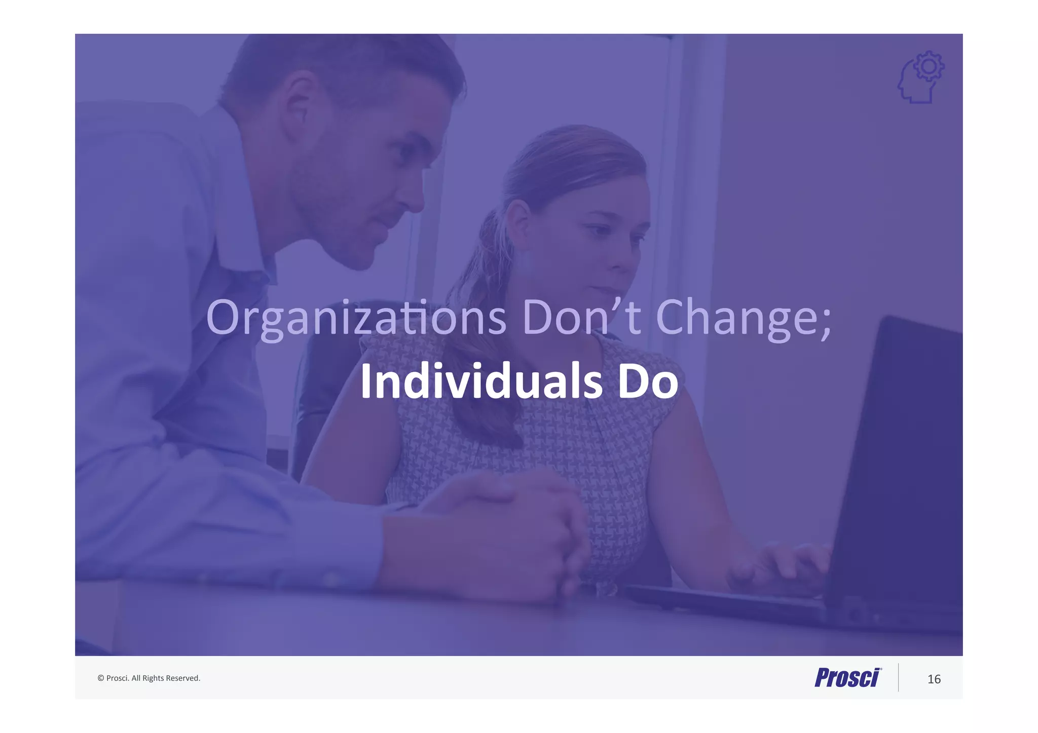 ©	Prosci.	All	Rights	Reserved.	 16	
OrganizaFons	Don’t	Change;	
Individuals	Do	
 