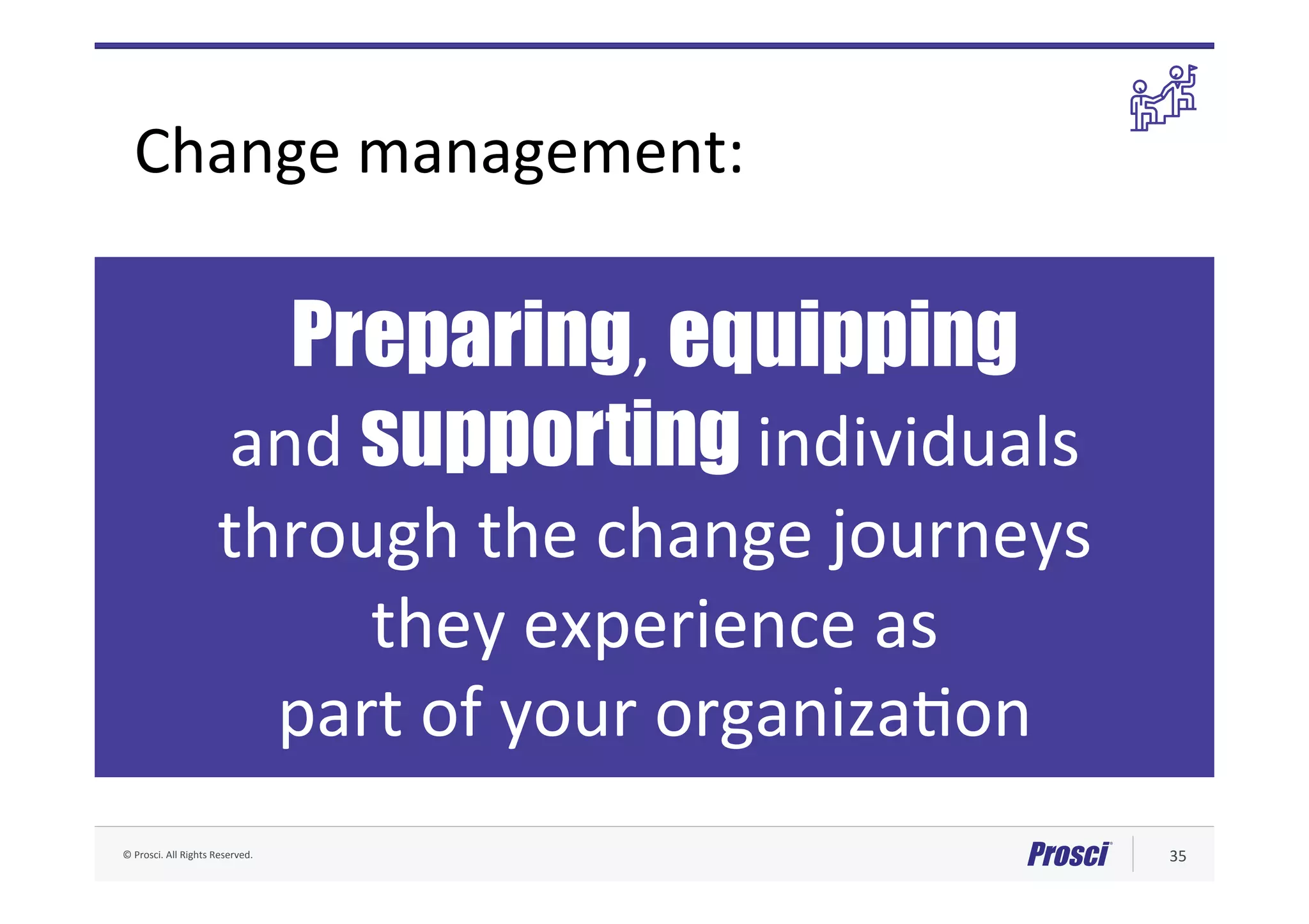 ©	Prosci.	All	Rights	Reserved.	 35	
Change	management:	
Preparing,	equipping		
and	supporting individuals	
through	the	change	journeys		
they	experience	as		
part	of	your	organizaFon	
 