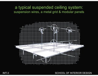 a typical suspended ceiling system:
suspension wires, a metal grid & modular panels
IMT-3 SCHOOL OF INTERIOR DESIGN
 