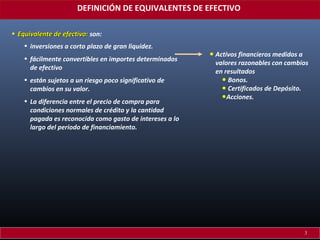 DEFINICIÓN DE EQUIVALENTES DE EFECTIVO
• Equivalente de efectivo: son:
• inversiones a corto plazo de gran liquidez.
• fácilmente convertibles en importes determinados
de efectivo
• están sujetos a un riesgo poco significativo de
cambios en su valor.
• La diferencia entre el precio de compra para
condiciones normales de crédito y la cantidad
pagada es reconocida como gasto de intereses a lo
largo del periodo de financiamiento.

• Activos financieros medidos a

valores razonables con cambios
en resultados
• Bonos.
• Certificados de Depósito.
•Acciones.

3

 