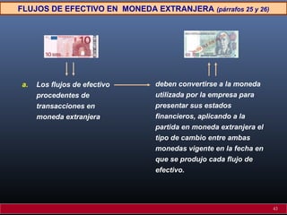 FLUJOS DE EFECTIVO EN MONEDA EXTRANJERA

a.

Los flujos de efectivo
procedentes de
transacciones en
moneda extranjera

(párrafos 25 y 26)

deben convertirse a la moneda
utilizada por la empresa para
presentar sus estados
financieros, aplicando a la
partida en moneda extranjera el
tipo de cambio entre ambas
monedas vigente en la fecha en
que se produjo cada flujo de
efectivo.

43

 