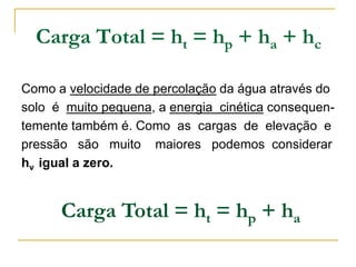 Carga Total = ht = hp + ha + hc
Como a velocidade de percolação da água através do
solo é muito pequena, a energia cinética consequentemente também é. Como as cargas de elevação e
pressão são muito maiores podemos considerar
hv igual a zero.

Carga Total = ht = hp + ha

 