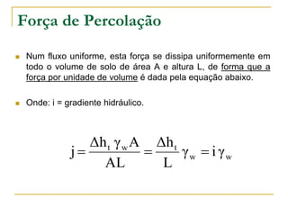 Força de Percolação


Num fluxo uniforme, esta força se dissipa uniformemente em
todo o volume de solo de área A e altura L, de forma que a
força por unidade de volume é dada pela equação abaixo.



Onde: i = gradiente hidráulico.

Δh t γ w A Δh t
j

γw  i γw
AL
L

 