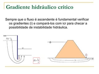 Gradiente hidráulico crítico
Sempre que o fluxo é ascendente é fundamental verificar
os gradientes (i) e compará-los com icr para checar a
possibilidade de instabilidade hidráulica.

 