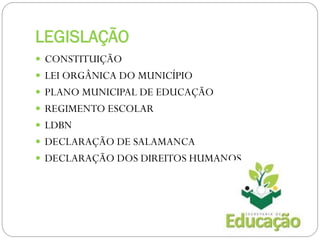 LEGISLAÇÃO
 CONSTITUIÇÃO
 LEI ORGÂNICA DO MUNICÍPIO
 PLANO MUNICIPAL DE EDUCAÇÃO
 REGIMENTO ESCOLAR
 LDBN
 DECLARAÇÃO DE SALAMANCA

 DECLARAÇÃO DOS DIREITOS HUMANOS

 