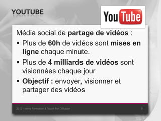 YOUTUBE

 Média social de partage de vidéos :
  Plus de 60h de vidéos sont mises en
   ligne chaque minute.
  Plus de 4 milliards de vidéos sont
   visionnées chaque jour
  Objectif : envoyer, visionner et
   partager des vidéos

 2012 - Inova Formation & Touch For Diffusion   11
 