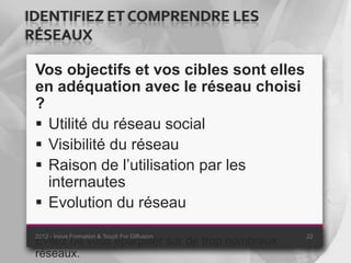 IDENTIFIEZ ET COMPRENDRE LES
RÉSEAUX

 Vos objectifs et vos cibles sont elles
 en adéquation avec le réseau choisi
 ?
  Utilité du réseau social
  Visibilité du réseau
  Raison de l’utilisation par les
   internautes
  Evolution du réseau
 2012 - Inova Formation & Touch For Diffusion     22
 Évitez de vous éparpiller sur de trop nombreux
 réseaux.
 