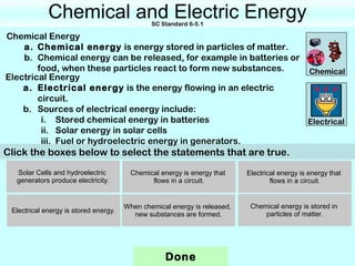 Chemical and Electric Energy      SC Standard 6-5.1

Chemical Energy
    a. Chemical energy is energy stored in particles of matter.
    b. Chemical energy can be released, for example in batteries or
        food, when these particles react to form new substances.    Chemical
Electrical Energy
    a. Electrical energy is the energy flowing in an electric
        circuit.
    b. Sources of electrical energy include:
         i. Stored chemical energy in batteries                     Electrical
         ii. Solar energy in solar cells
         iii. Fuel or hydroelectric energy in generators.
Click the boxes below to select the statements that are true.
  Solar Cells and hydroelectric          Chemical energy is energy that    Electrical energy is energy that
  generators produce electricity.              flows in a circuit.                 flows in a circuit.


                                       When chemical energy is released,    Chemical energy is stored in
 Electrical energy is stored energy.
                                         new substances are formed.             particles of matter.




                                                    Done
 