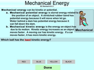 Mechanical Energy
                               SC Standard 6-5.1

Mechanical energy can be kinetic or potential.
   a. Mechanical potential energy is stored energy related to
       the position of an object. A stretched rubber band has
      potential energy because it will move when let go.
      Water behind a dam has potential energy because it
      can fall down the dam.
   b. Mechanical kinetic energy is the energy an object has
      due to its motion. Kinetic energy increases as an object Mechanical
      moves faster. A moving car has kinetic energy. If a car
      moves faster, it has more kinetic energy.

Which ball has the least kinetic energy?




                RED         BLUE           YELLOW   BLACK


                                   Done
 